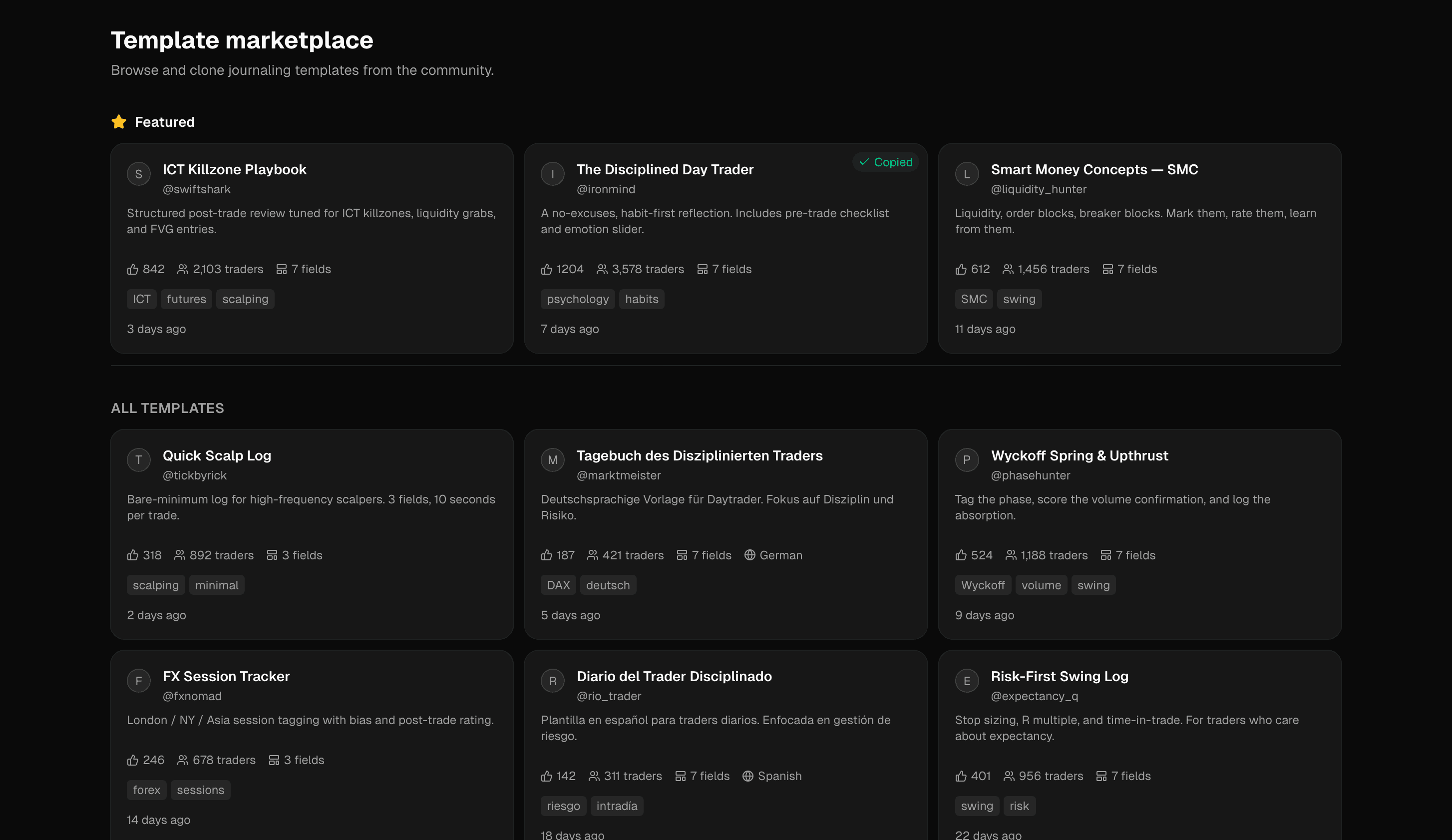 HQ template marketplace — featured templates with upvotes, clone counts, creators and tags